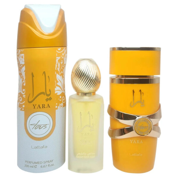 Yara Tous Collection Gift Set 3.4 Oz/100 ml By Lattafa EDP + 1.7 Oz Hair Mist + 6.8 Oz Body Spray - Imagen 2