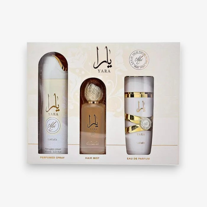 Yara Moi Collection Gift Set 3.4 Oz/100 ml By Lattafa EDP + 1.7 Oz Hair Mist + 6.8 Oz Body Spray